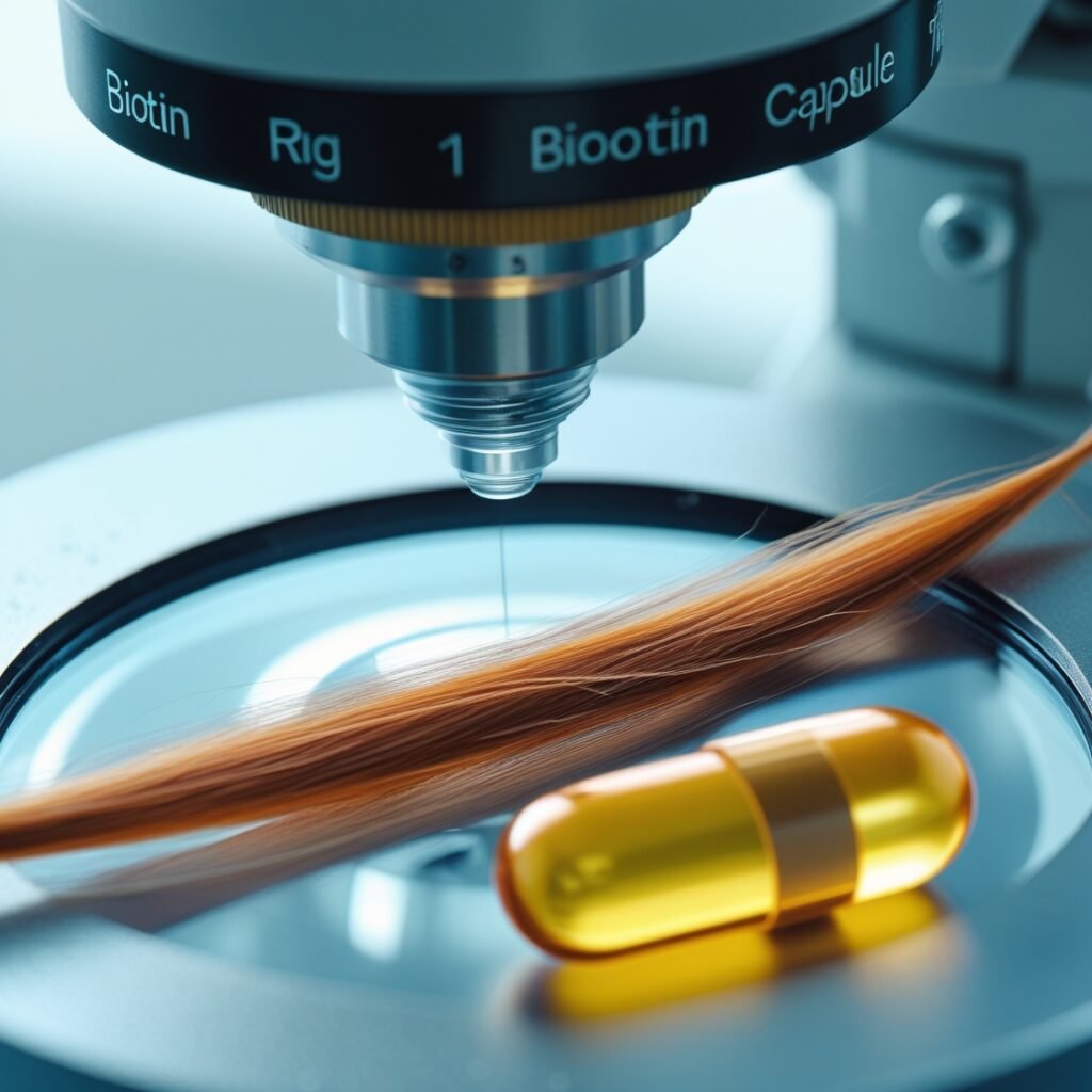 Close-up of a healthy hair strand under a microscope beside a glowing biotin capsule.