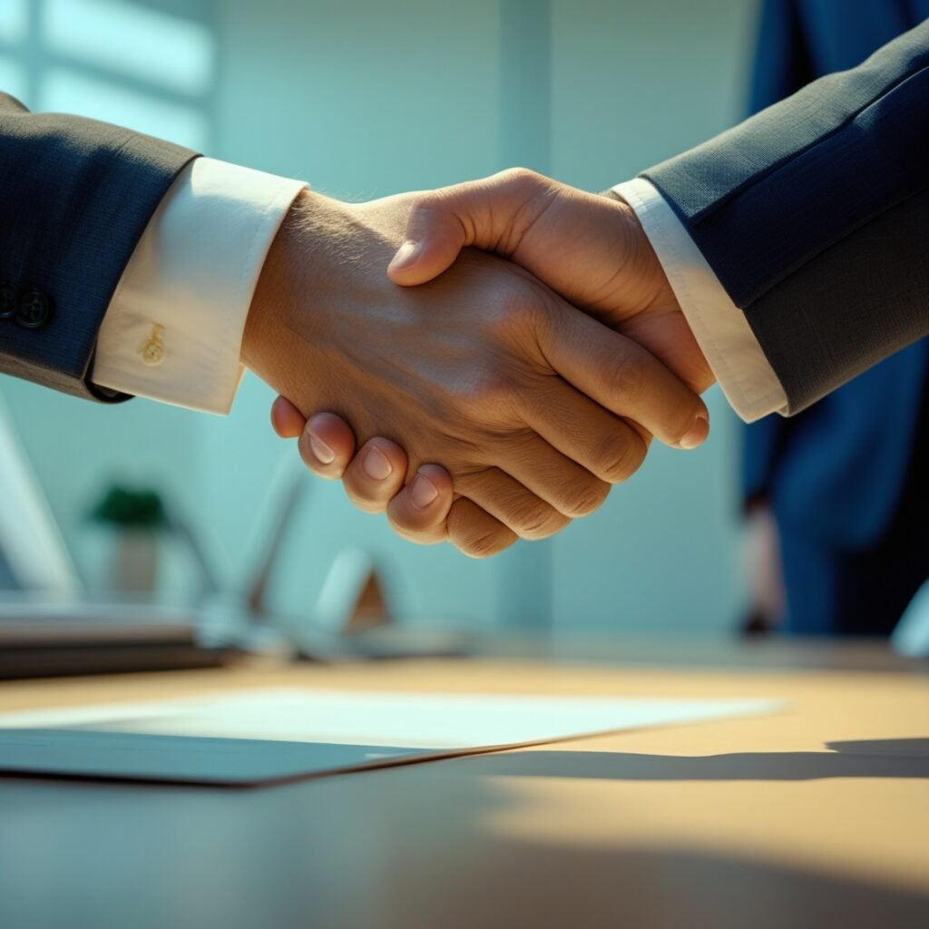 Professional handshake between two people in a bright setting, symbolizing trust and ethical business.