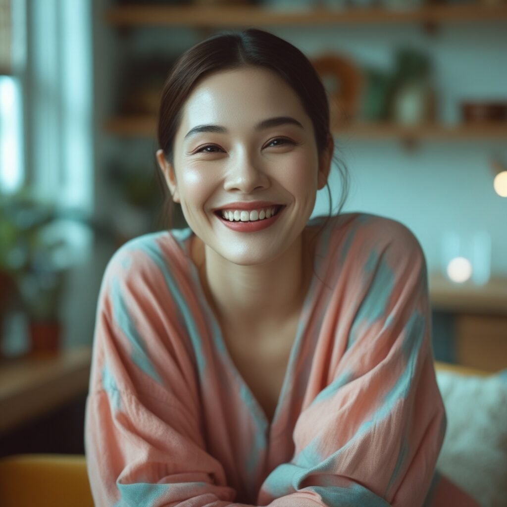 Candid portrait of a smiling person with natural features in a relaxed, well-lit environment.