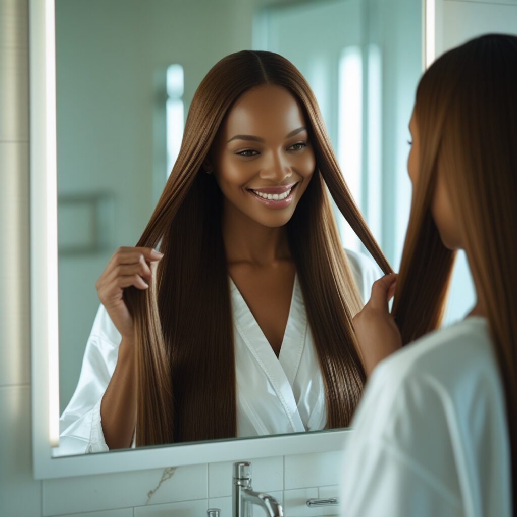 Smiling woman examining her long, shiny hair in front of a mirror.