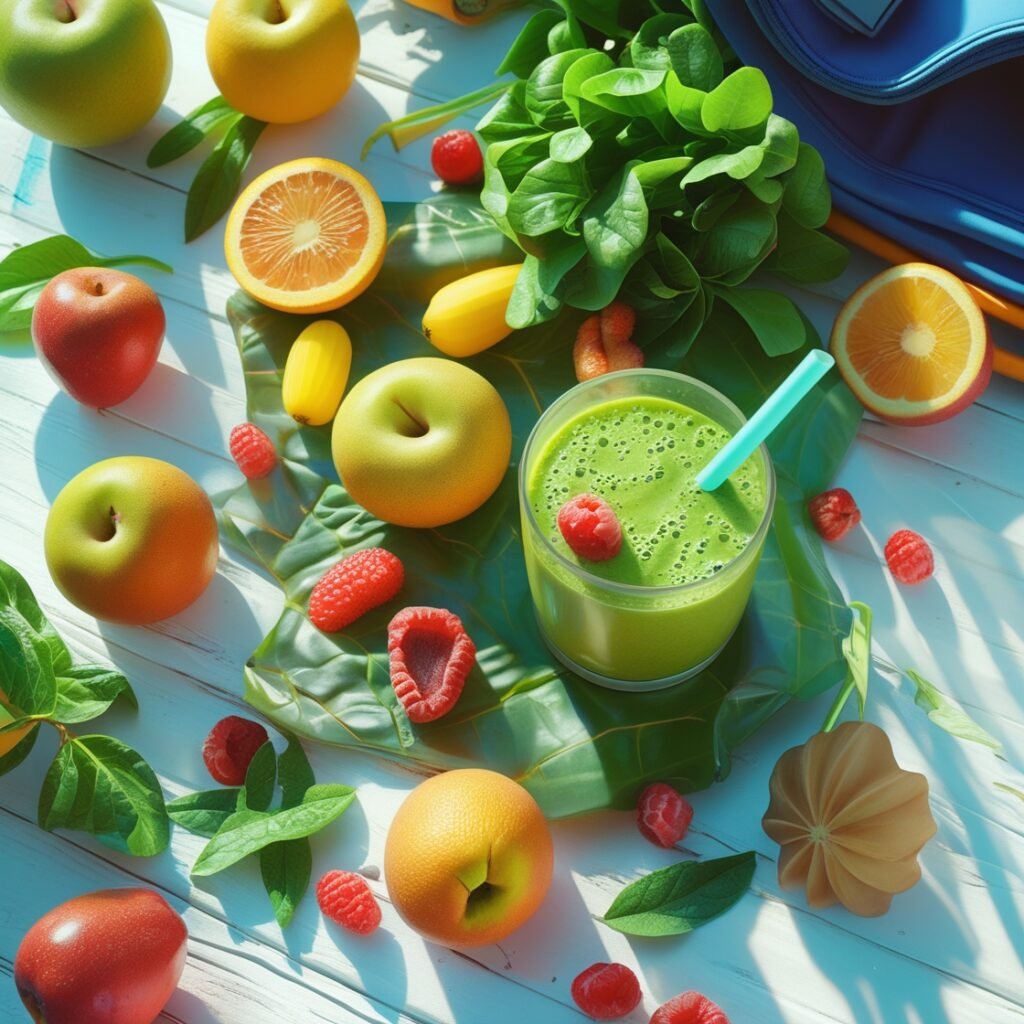 Flat lay of fresh fruits, a smoothie, supplements, and fitness accessories on a clean surface.