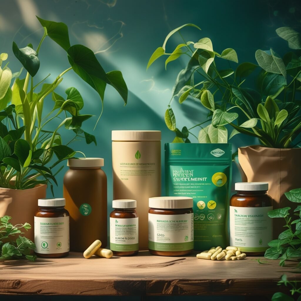 Eco-friendly product packaging and green plants on a wooden surface with natural textures.