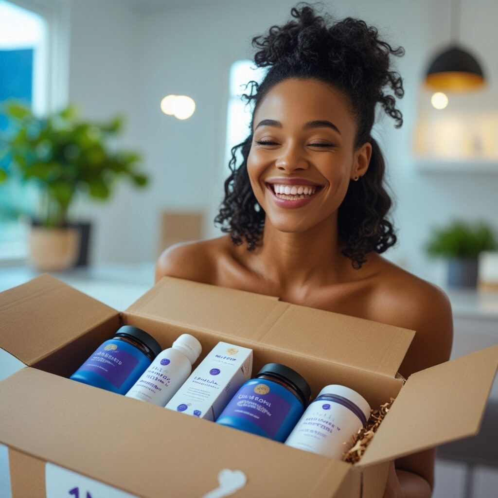 Happy customer opening a wellness product package in a bright, home setting.