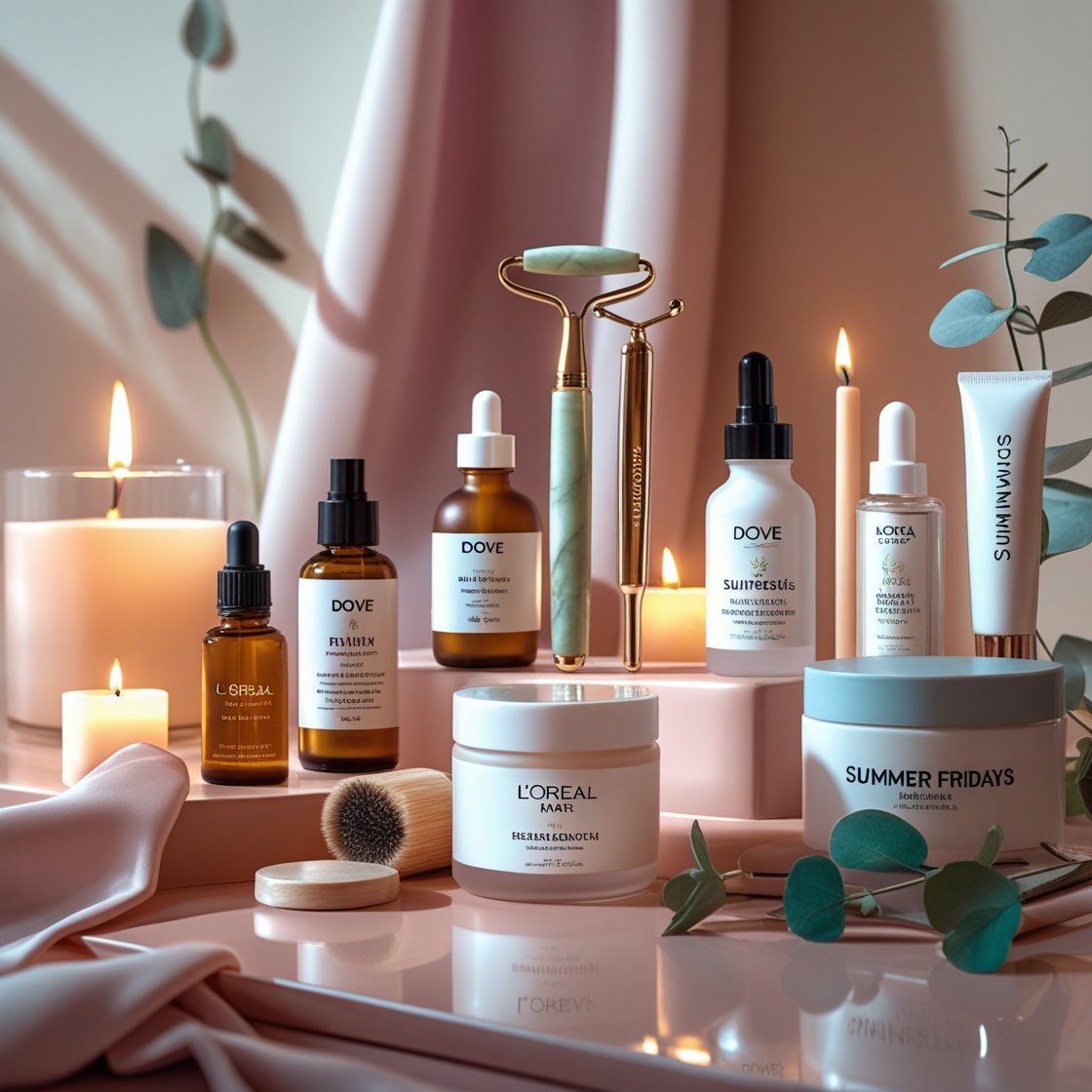 Flat lay of skincare and self-care products by Summer Fridays, L’Oréal Paris, Dove, and Nivea, styled on marble with candles and greenery in a spa-inspired aesthetic.