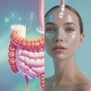 Concept image showing connection between digestive health and clear skin.