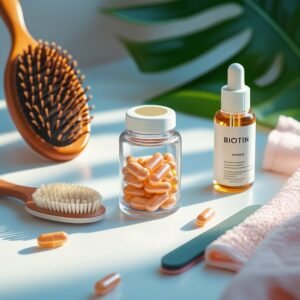 Biotin capsules with hairbrush, skin serum, and nail file on a white surface.