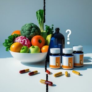 Fresh fruits and vegetables next to supplement capsules on a clean surface.