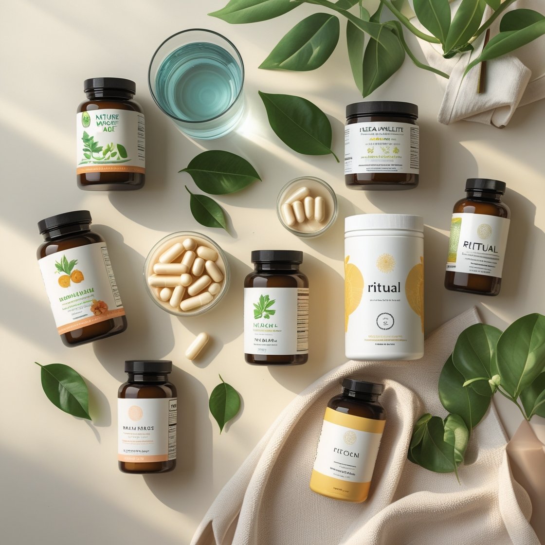 Modern flat lay of magnesium, multivitamins, and herbal supplements from brands like Garden of Life, Ritual, and Nature Made, displayed with plants and wellness props on a white background.