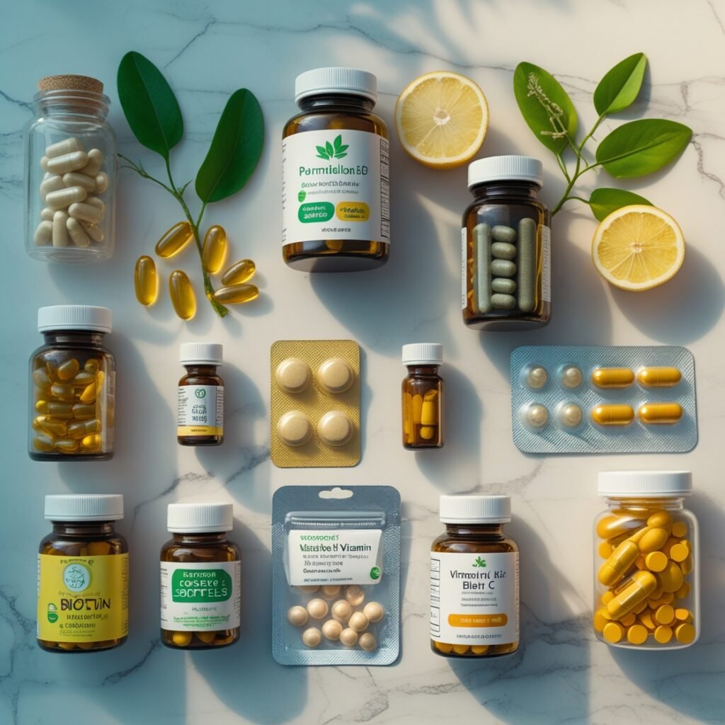 Flat lay of natural supplements and vitamins including biotin, omega-3, and herbal capsules on a marble countertop.